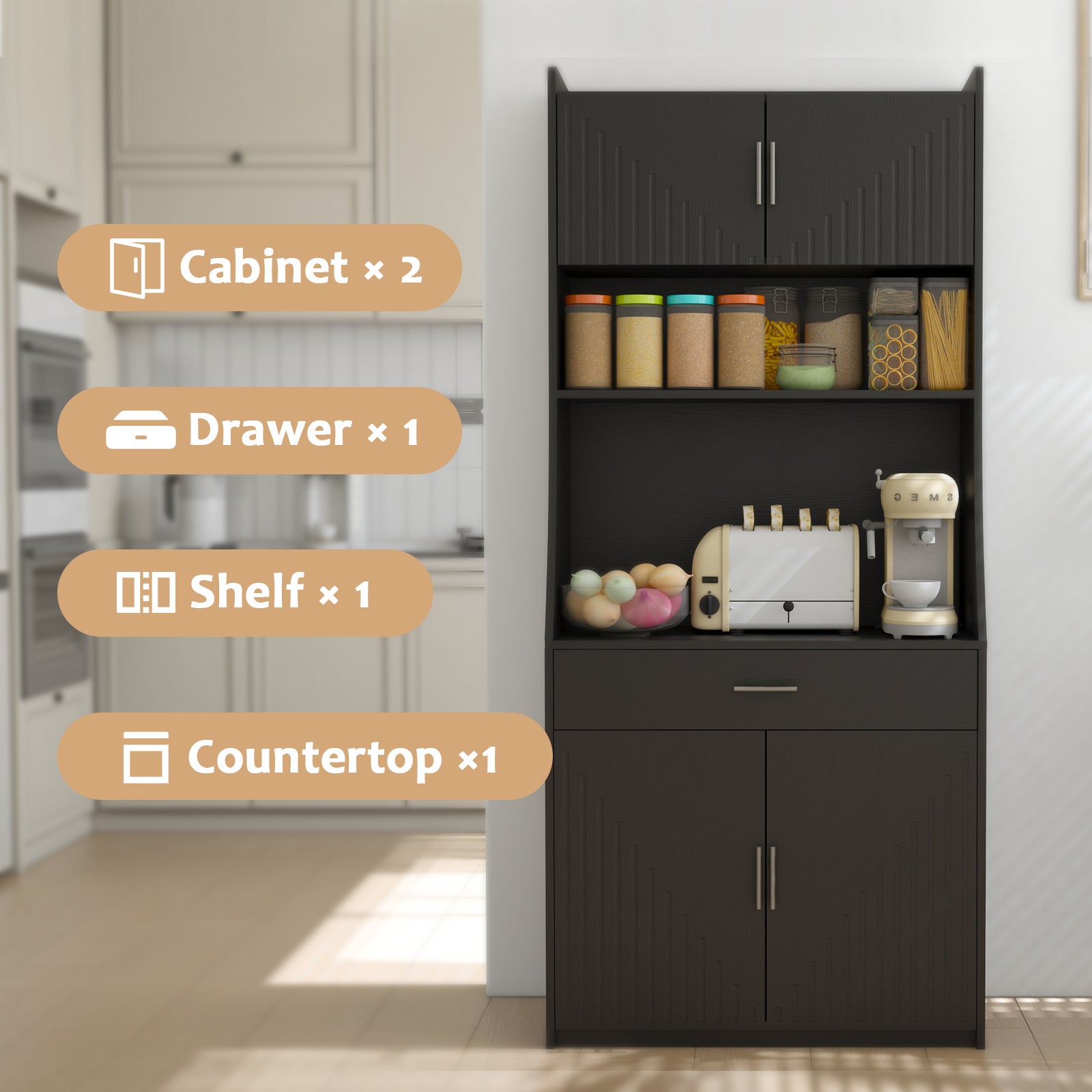 71" Kitchen Storage Cabinet With Charging Station,With 2 Outlets & 1Usb 1Type C Ports,Pantry With 2 Cabinet ,1 Large Storage Drawer& 1 Large Countertop Black Dining Room Mdf