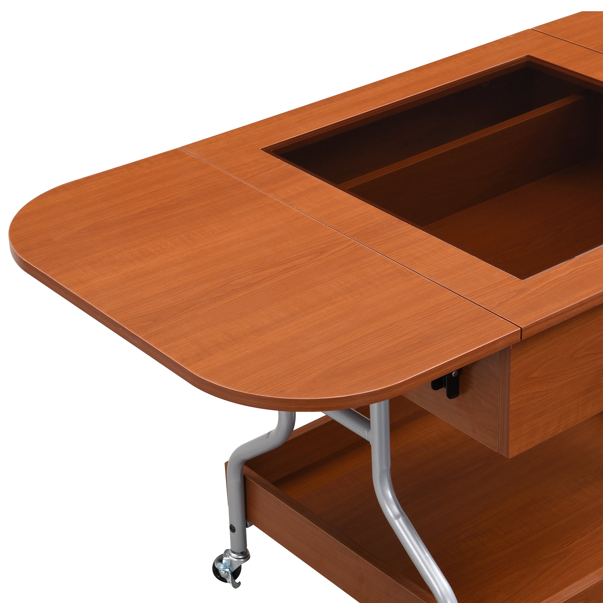 Modern Extended Coffee Table With Wheels, Folding Coffee Table With 1 Drawer And 2 Tier Storage, Metal Frame Coffee Table For Living Room Mahogany Glass,Mdf Metal