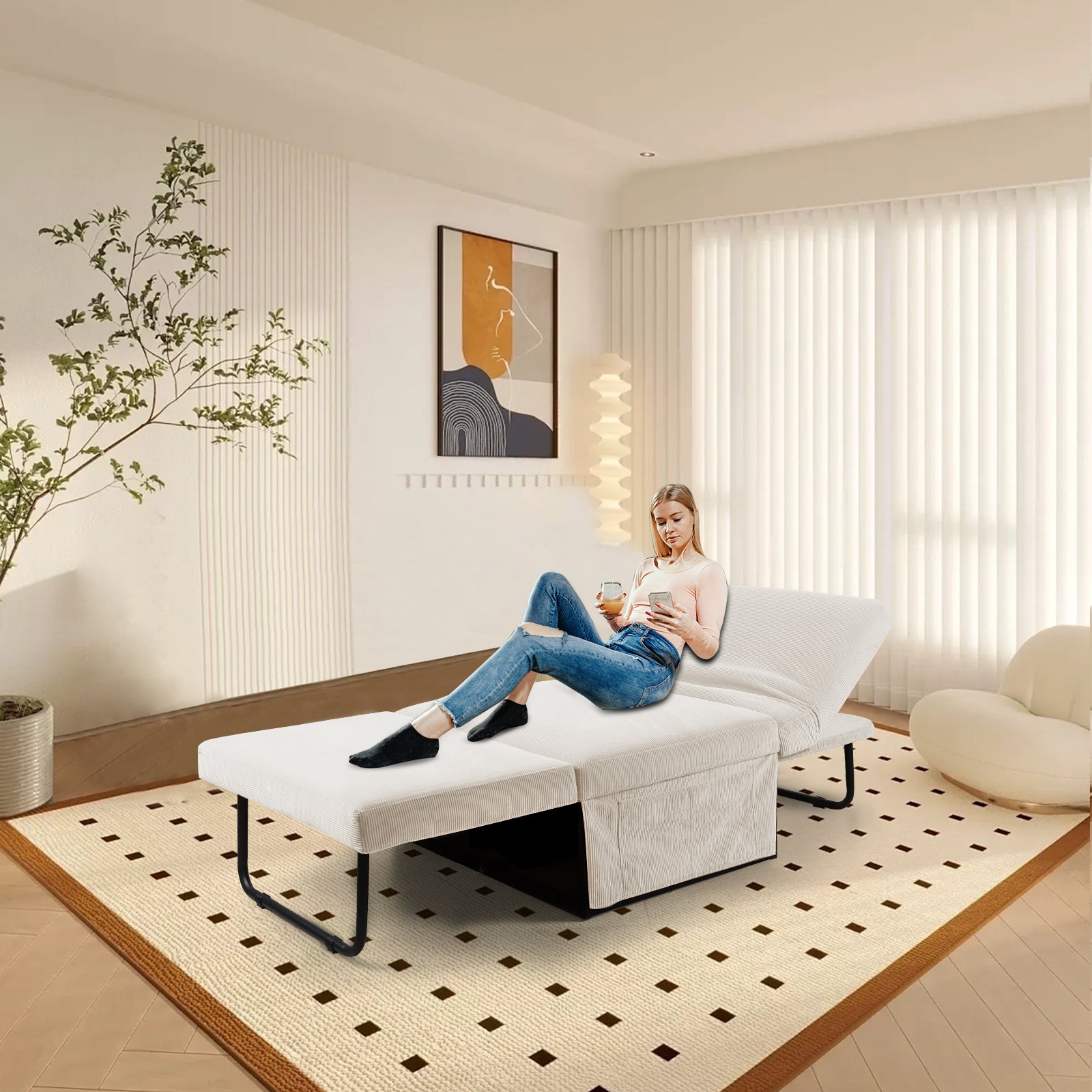 Modern Corduroy Sofa Bed,Couch Chair,Sleeper Bed,Small Lounge Sofa W Reclining Backrest,Furniture For Living Room,Bedroom,4 In 1 Convertible Sleeper Sofa Bed, White White Corduroy 1 Seat