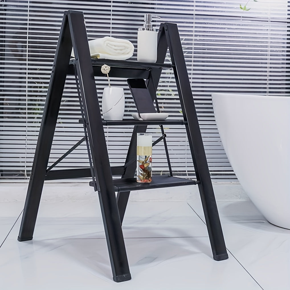 3 Step Ladder Aluminum Light Folding Step Bench Wide Non Slip Pedal 300 Lb Capacity Home Office Portable Ladder Black Black Aluminium