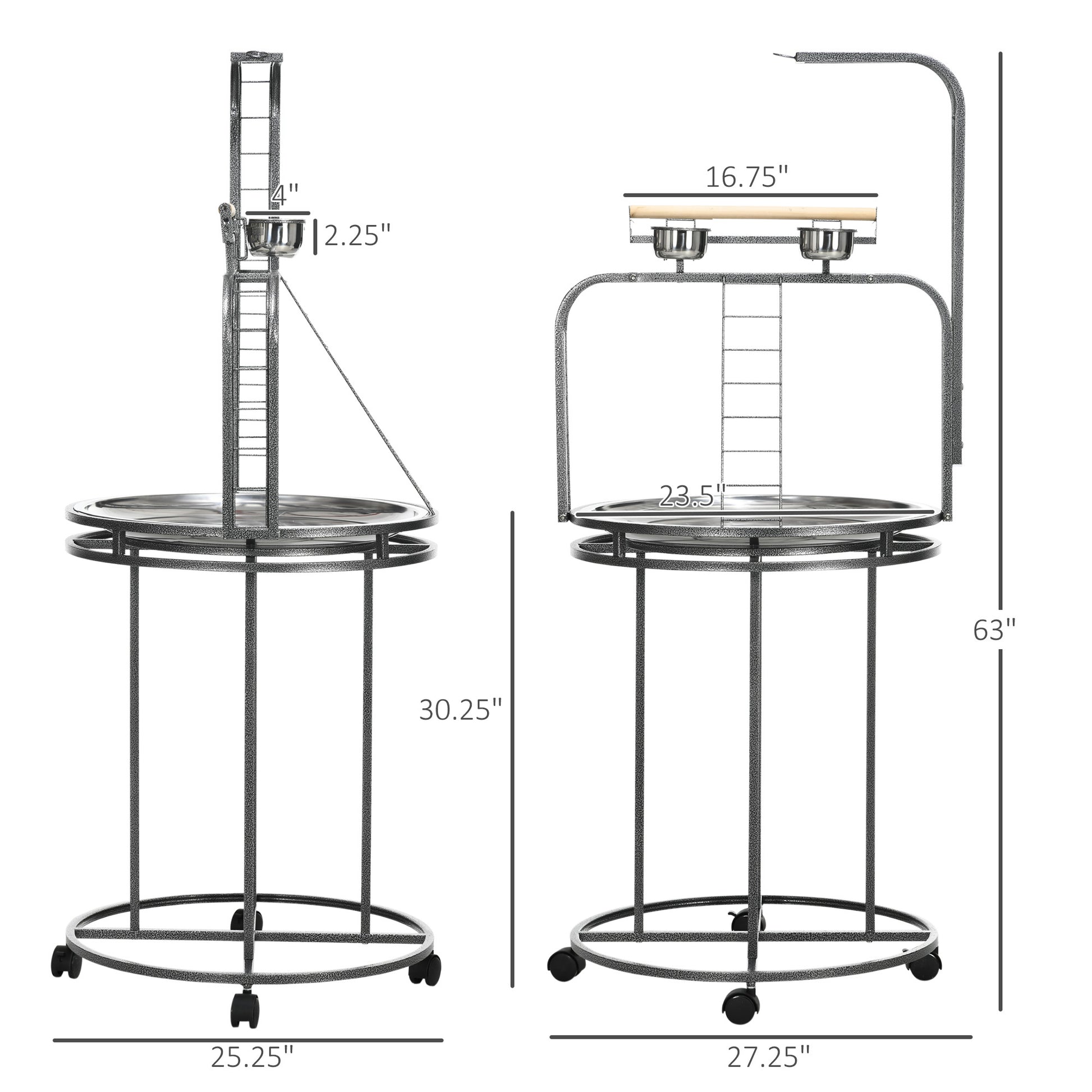 Pawhut Parrot Stand Large Bird Perch Stand With Toy Hook & 3 Ladders, Parrot Perch With Easy Grip, Bird Wooden Stand, Gray Gray Steel