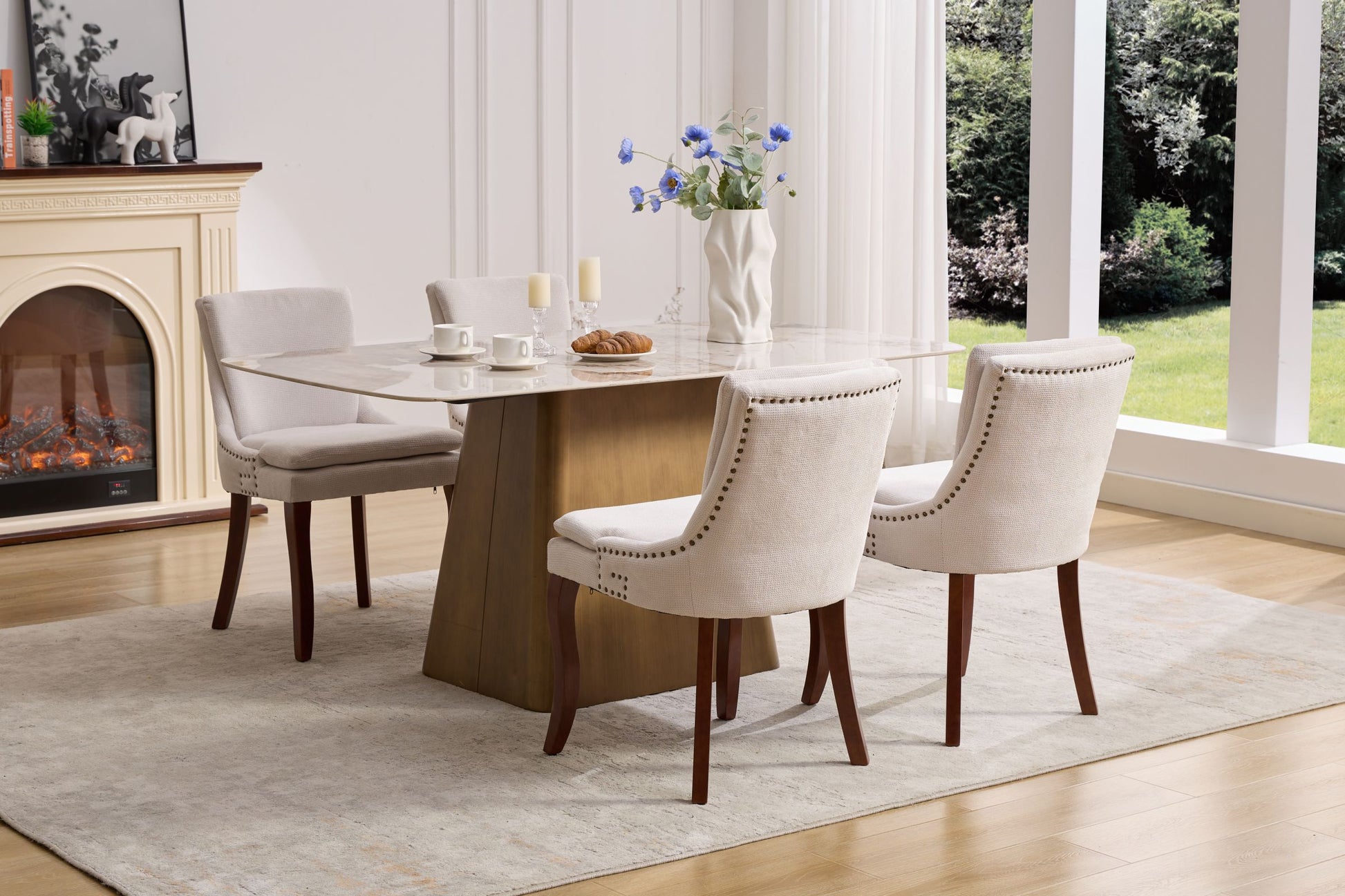 Modern Dining Chairs Set Of 2,Double Layer Cushioned Chenille Fabric Upholstered Accent Side Leisure Chairs With Mid Back And Curved Solid Wood Legs For Living Room Dining Room Beige Beige American Design Dining Chairs Rubberwood Set Of 2 Foam Chenille