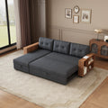 Upholstered Pull Out Sectional Sofa With Storage Chaise, Convertible Corner Couch, Dark Grey Wooden Handrail Dark Grey Wood Medium Soft Pillow Back Modern Square Arms Linen 3 Seat