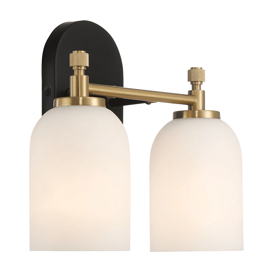 Vortex Two Lights Vanity In Traditional Style For Over Bathroom Mirror Wall Sconce 12.25"W 10.125"H 5.5"E With White Frosted Glass Black,Gold,White Glass,Metal