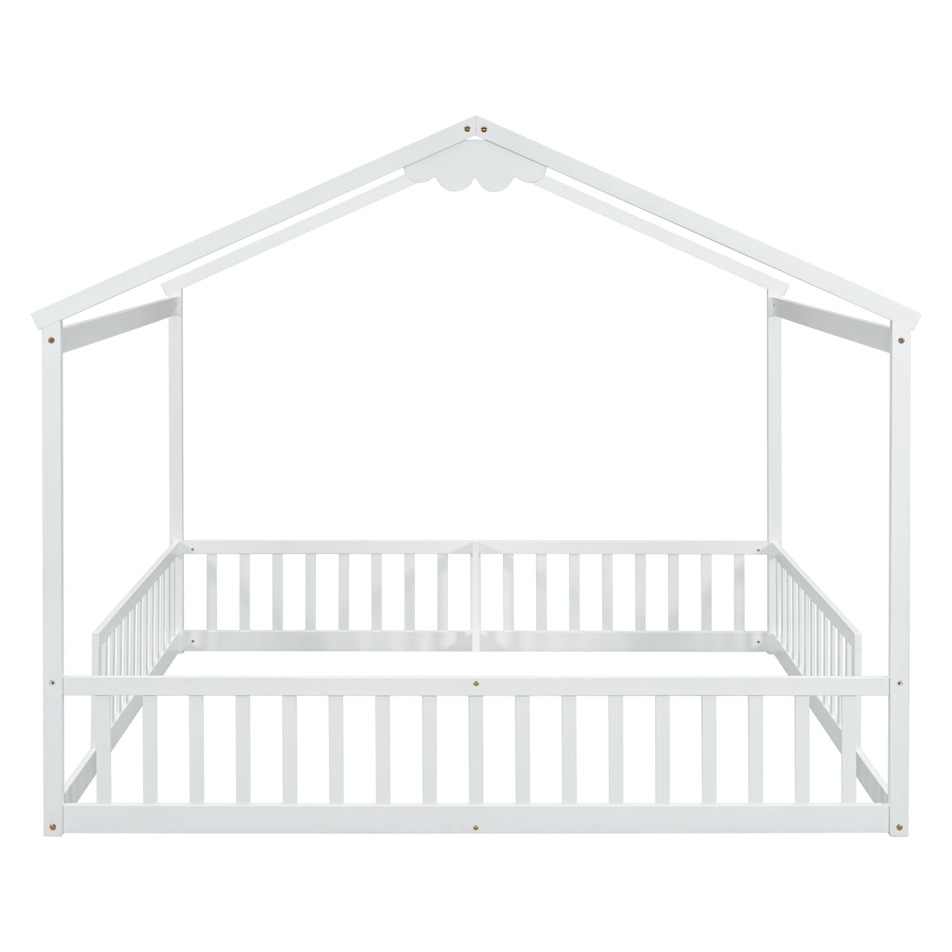 Double Twin House Style Floor Bed With Fence, Guardrails, Without Door, White Twin White American Design Pine