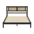 3 Pieces Bedroom Sets Queen Size Wooden Platform Bed With Natural Rattan Headboard, Nightstands Set Of 2 With Rattan Woven Surfaces And Three Drawers For Bedroom, Black Black Particle Board