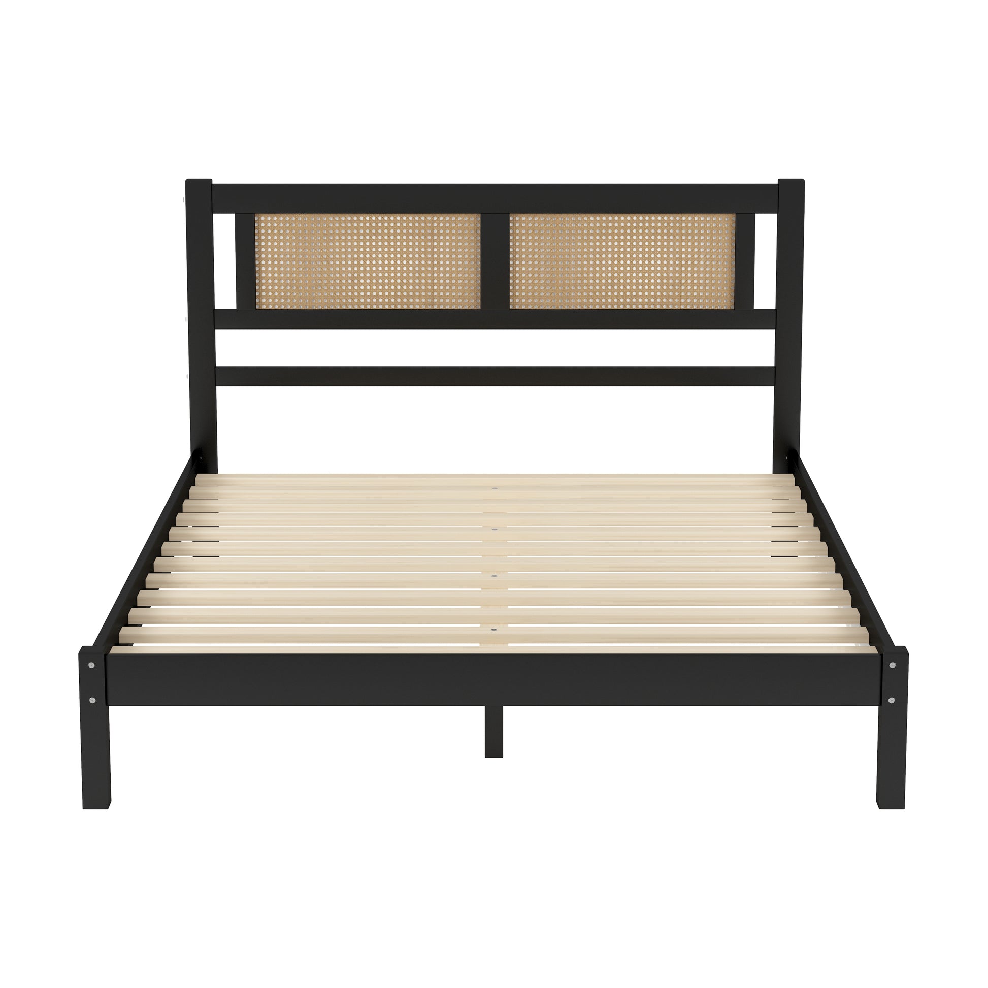 3 Pieces Bedroom Sets Queen Size Wooden Platform Bed With Natural Rattan Headboard, Nightstands Set Of 2 With Rattan Woven Surfaces And Three Drawers For Bedroom, Black Black Particle Board