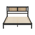 Queen Size Wooden Platform Bed With Natural Rattan Headboard, Exquisite Elegance With Minimalist Charm For Bedroom, Black Black Particle Board