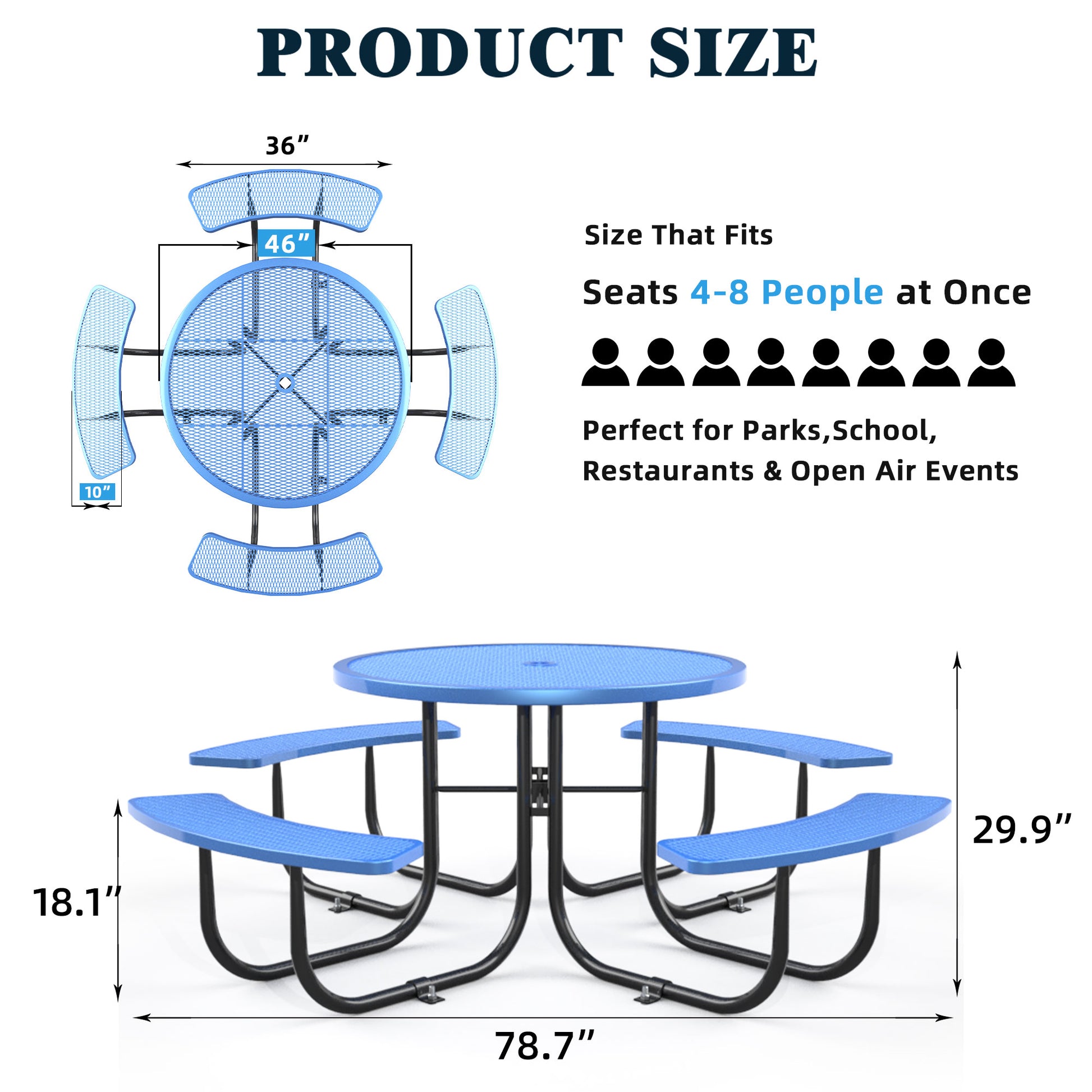 Round Outdoor Steel Picnic Table 46" With Umbrella Pole,Blue Blue Steel Steel