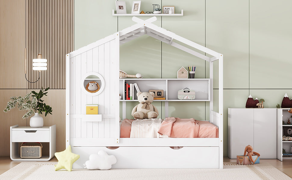 Wooden Full Size House Bed With Trundle, Modern Design For Kids With Storage Shlef, White Full White Solid Wood