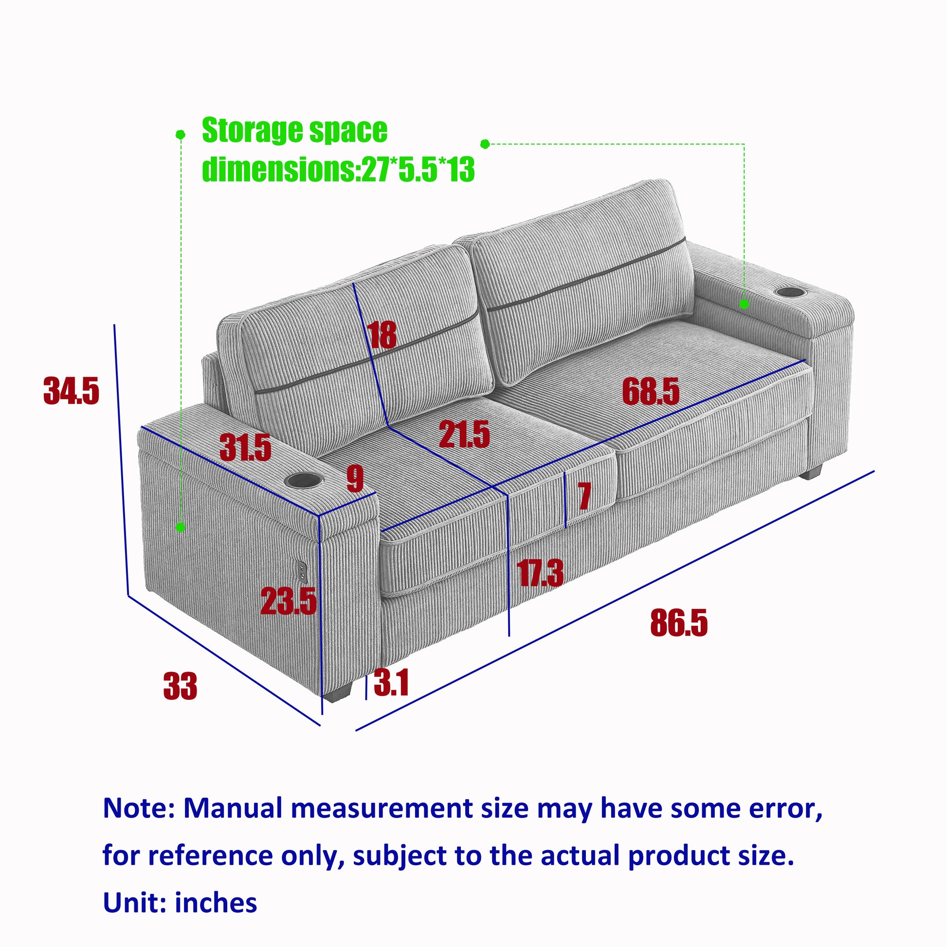 86.5 Inch Sofa Couch Deep Seat Sofa With Two Storage Spaces, T Pyce Charging Portsusb Charging Ports & 2 Cup ,Corduroy 3 Seater Couch, Modern Sofas For Living Room Grey Foam Corduroy 3 Seat