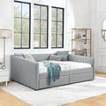 Queen Size Daybed With Two Drawers Trundle Upholstered Sofa Bed, With Vertical Stripes Linen Fabric, Grey 86.5