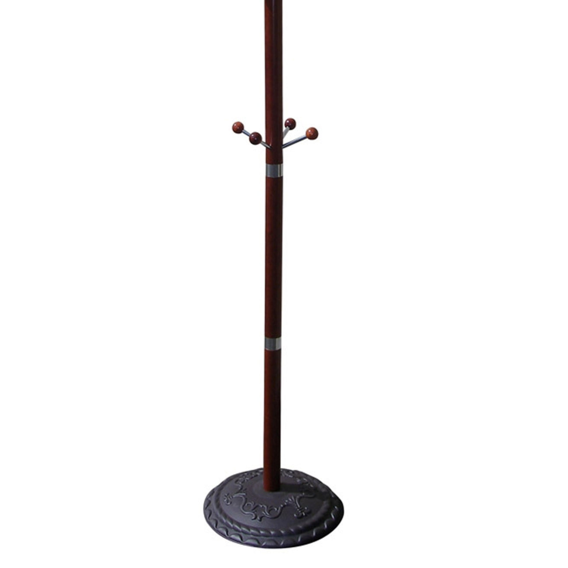 73" Tall Chrome And Wood Coat Rack, Cherry Finish Cherry Wood