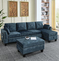 Sectional 3 Seaters Sofa ,Double Sided Multi Functional Footstool, Storage Matnon Slip Leg, Two Pillows, Velvet,Navy Blue Navy Blue Velvet 3 Seat