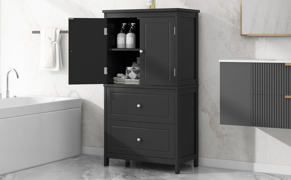 Bathroom Storage Cabinet, Cabinet With Two Doors And Drawers, Adjustable Shelf, Mdf Board, Black Black Mdf