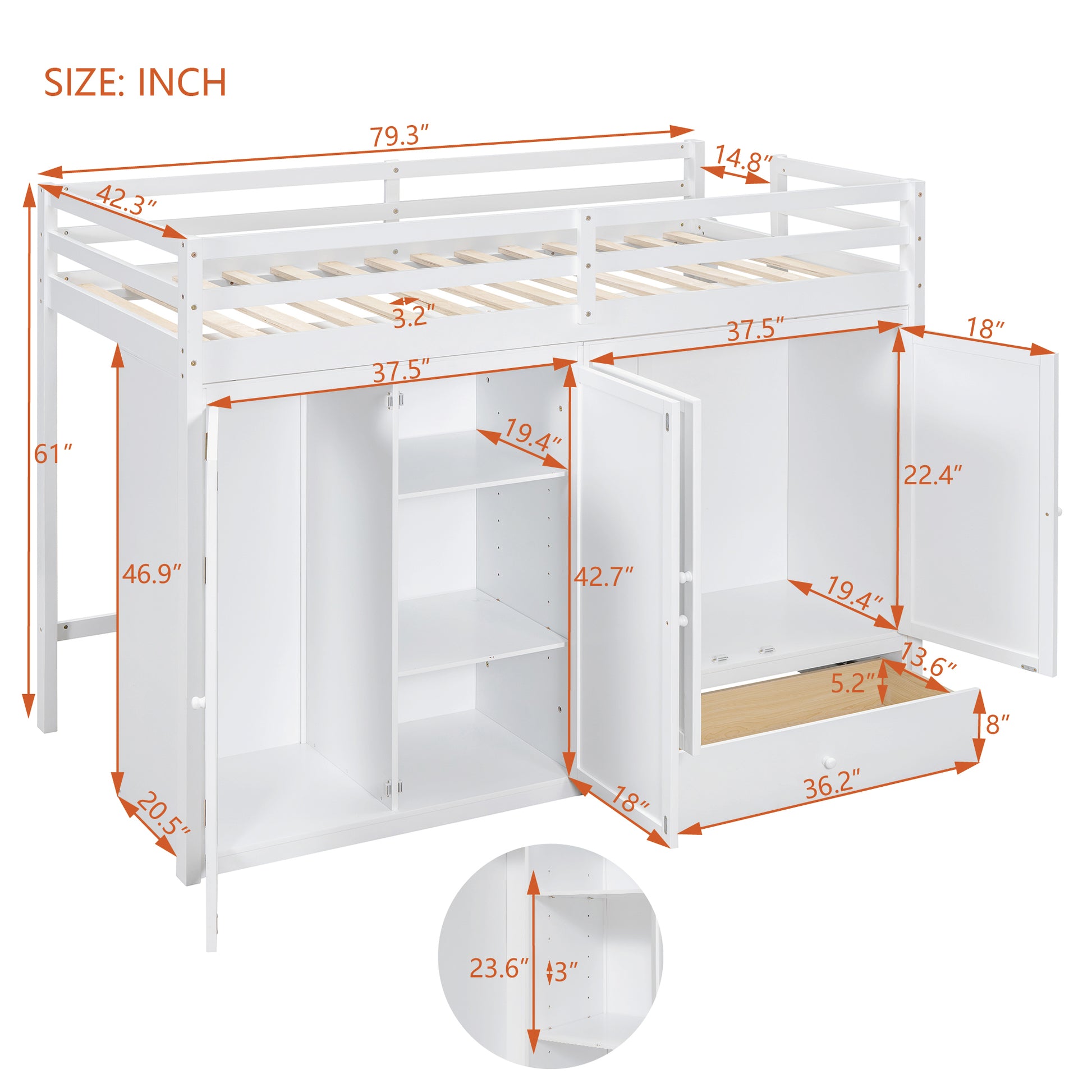 Twin Size Loft Bed With Drawer, Two Wardrobes And Mirror, White White Solid Wood Mdf