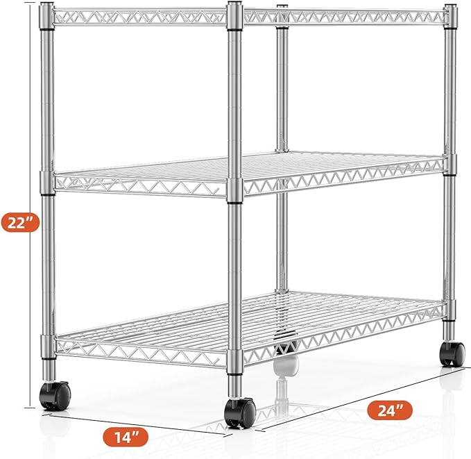 3 Tier Heavy Duty Storage Shelves 750Lb Capacity, 24.02" D X 13.78" W X 21.97" H Shelving Unit For Pantry, Garage, Laundry And Kitchen Chrome Steel