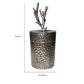 21 Inch Lidded Metal Jar, Textured Body, Branched Finial, Silver Silver Metal