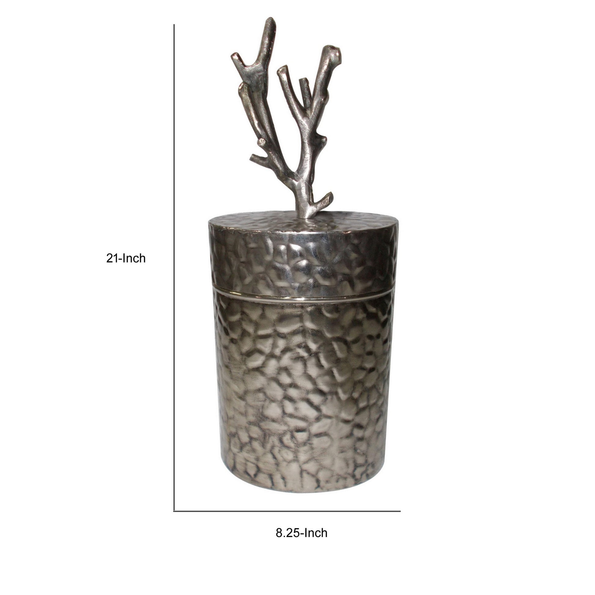 21 Inch Lidded Metal Jar, Textured Body, Branched Finial, Silver Silver Metal