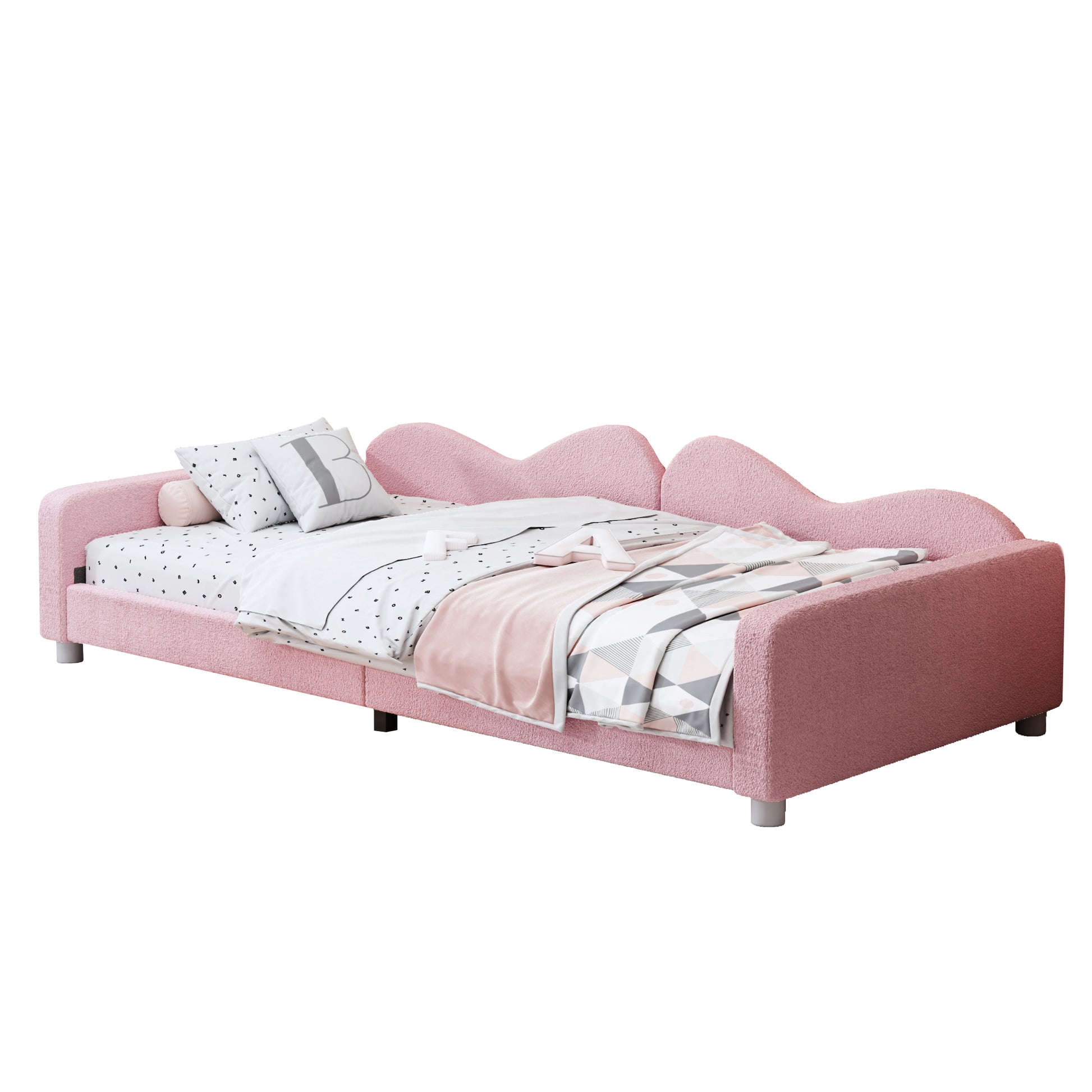 Twin Size Upholstered Daybed, Sherpa Fabric Sofabed With Cloud Shaped Backrest, No Box Spring Needed, Pink Twin Pink Wood Fabric