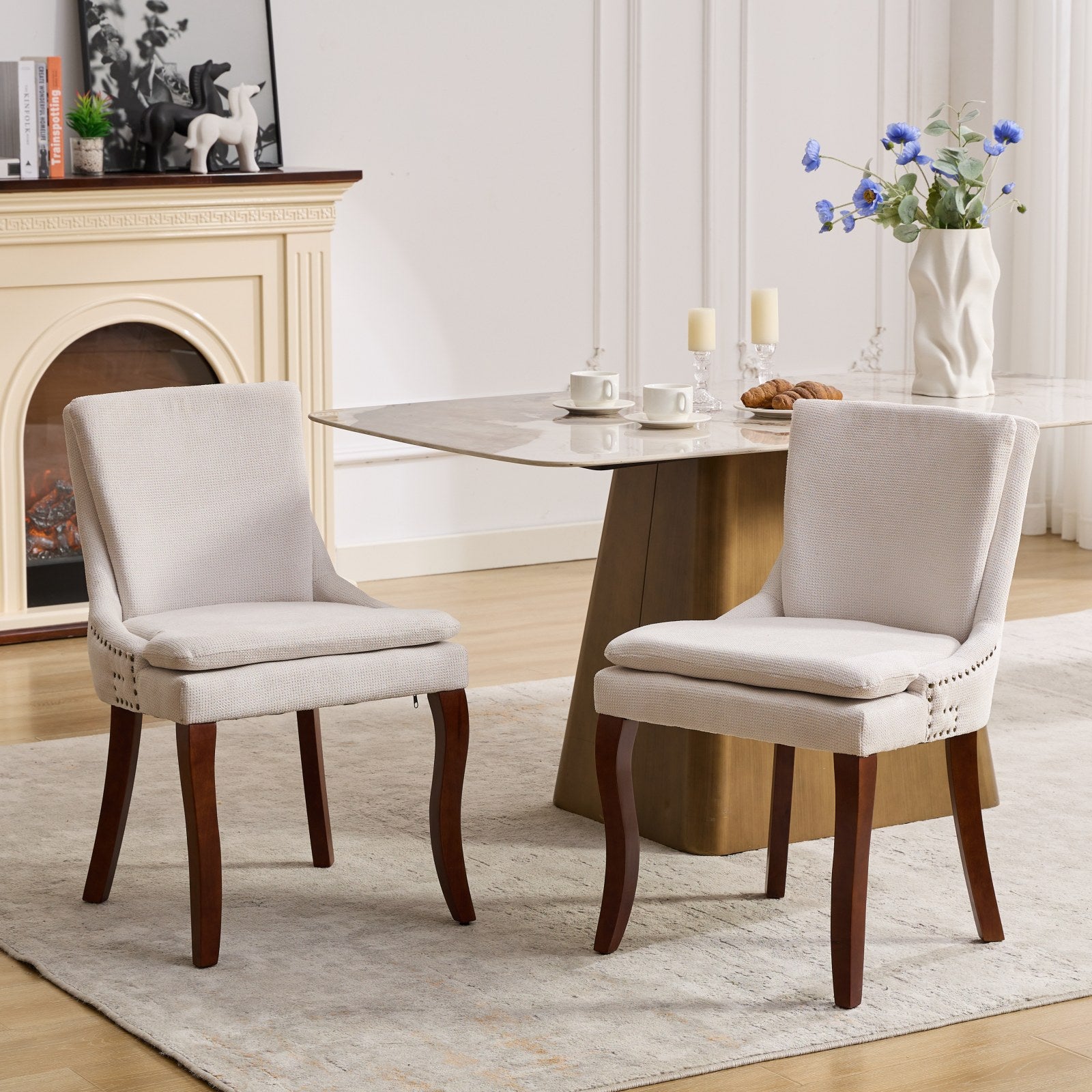 Modern Dining Chairs Set Of 2,Double Layer Cushioned Chenille Fabric Upholstered Accent Side Leisure Chairs With Mid Back And Curved Solid Wood Legs For Living Room Dining Room Beige Beige American Design Dining Chairs Rubberwood Set Of 2 Foam Chenille