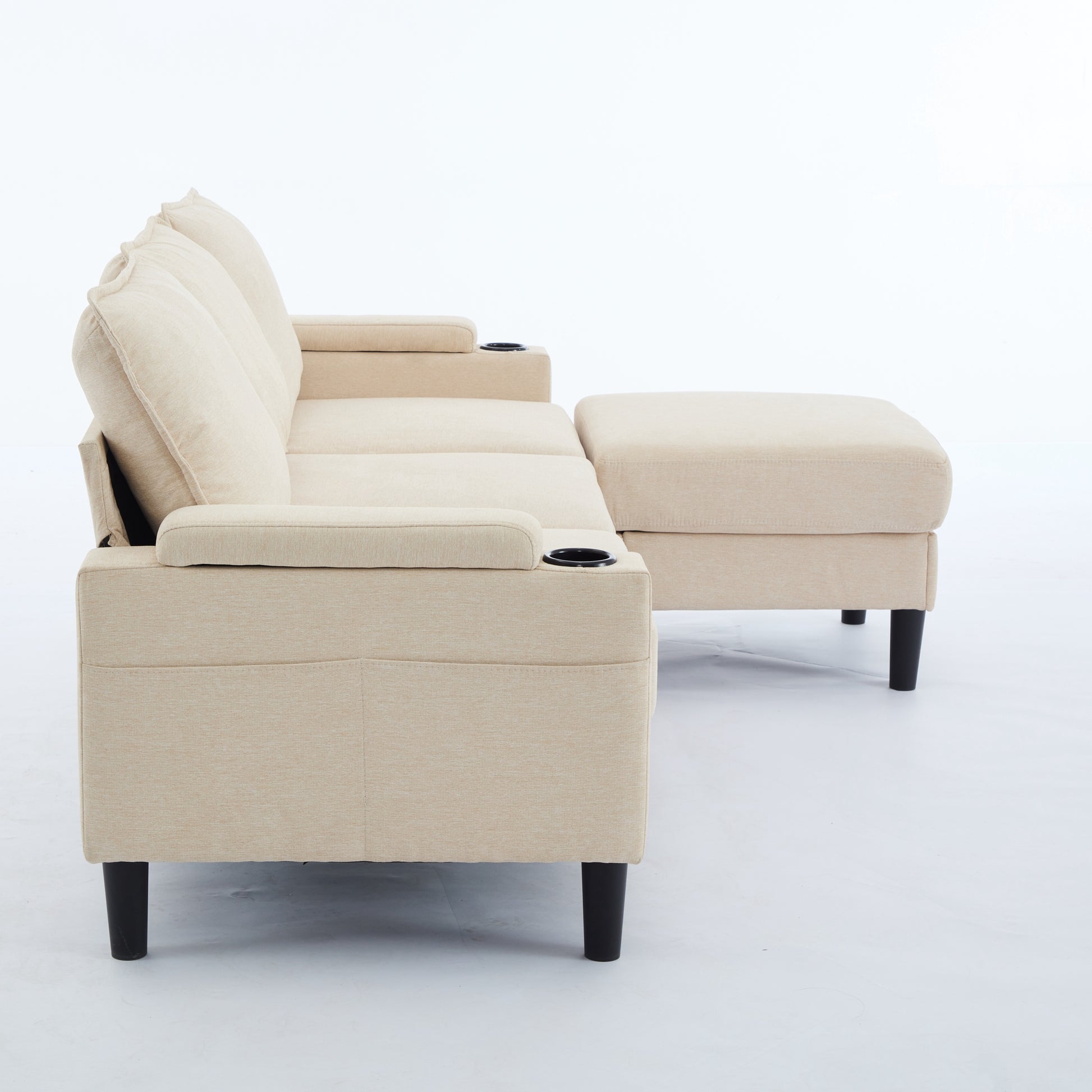 Beige Color Knock Down 3 Seat Combo Sofa With Storage Ottoman For Living Room Apartment Bedroom And Compact Room, Upholstered Sectional Couch, L Shaped Bench With A Footrest, A Individual Sto White Wood Primary Living Space Heavy Duty Pine 3 Seat Beige