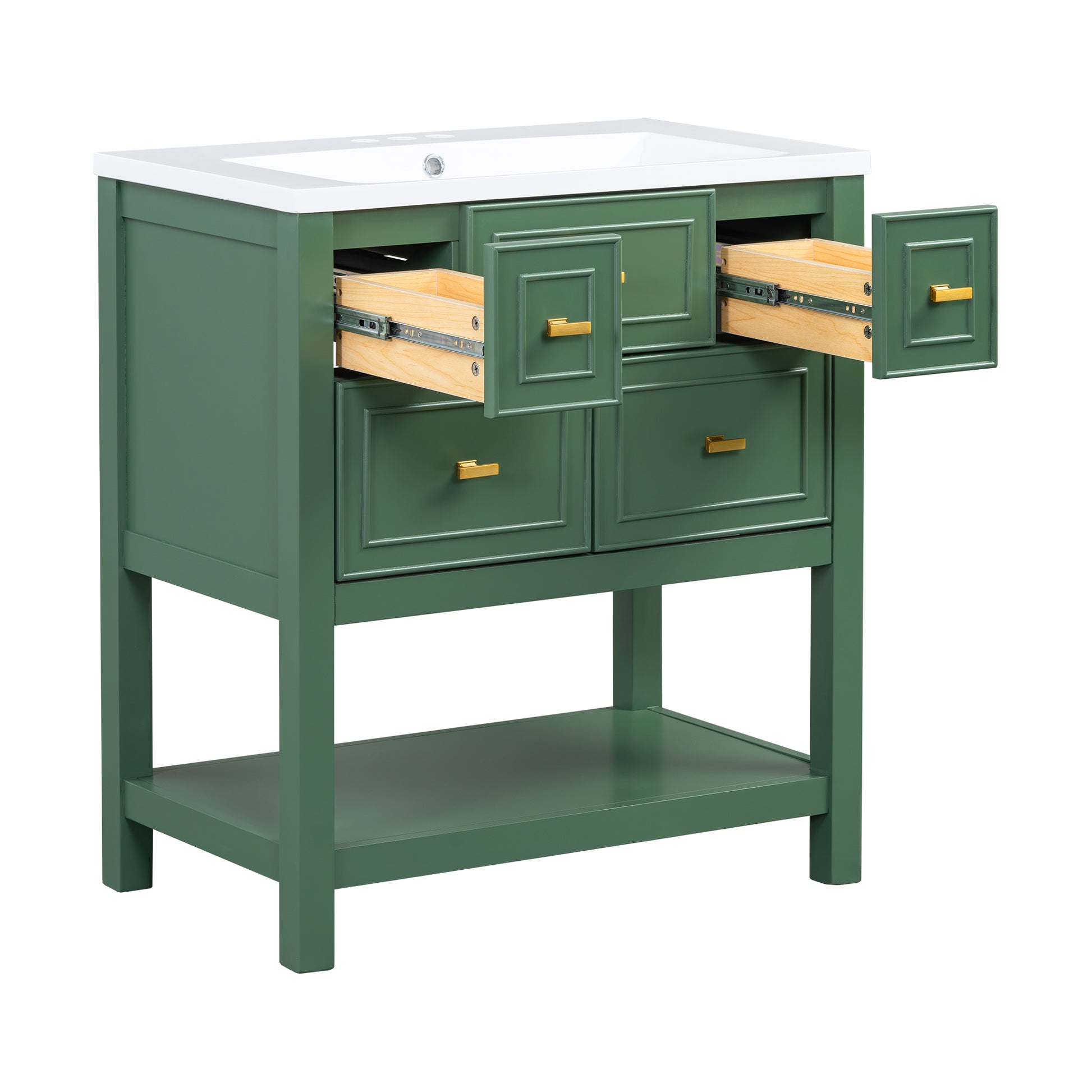 30'' Bathroom Vanity With Resin Sink Combo, Free Standing Single Vanity Set With 5 Drawers, Solid Wood Frame Bathroom Storage Cabinet, Green 4 Green 1 Bathroom Freestanding Modern Solid Wood Mdf Resin Painted