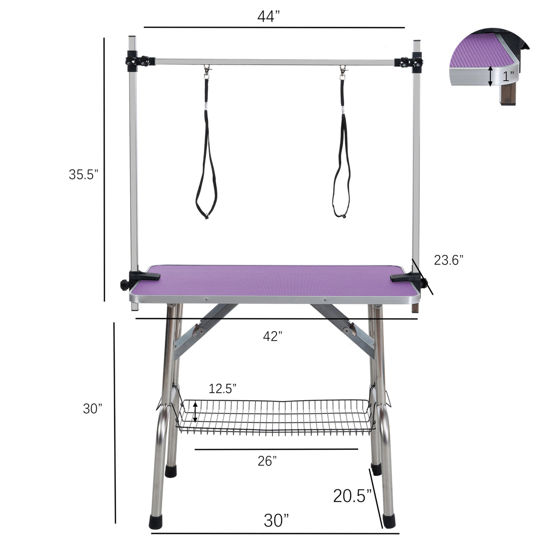 42" Folding Dog Pet Grooming Table Stainless Steel Frame Rubber Mat On Board With Adjustable Arm And Clamps Pet Dog Cat Grooming Table Purple Color Purple Rubber Stainless Steel