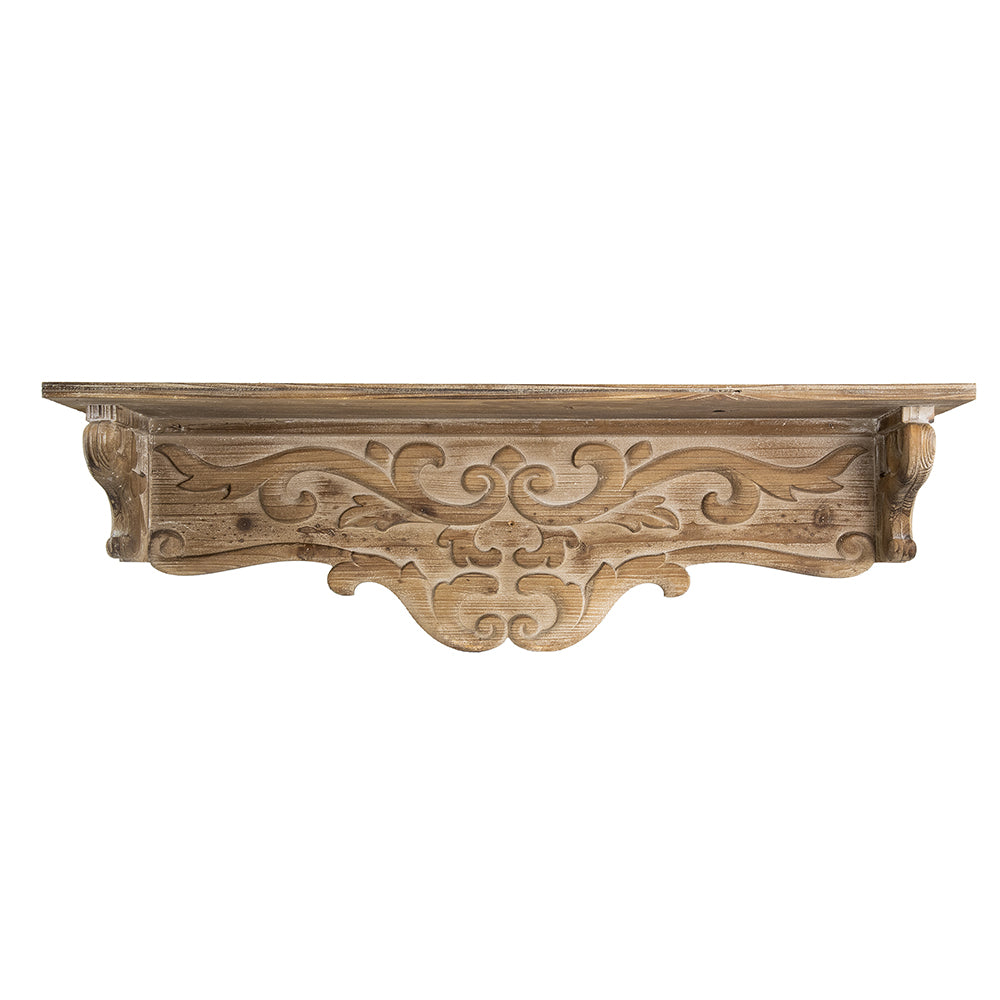 31.5X7X9.5" Timeless Fir Wood Floating Wall Shelf With Floral Motif Brown Wood