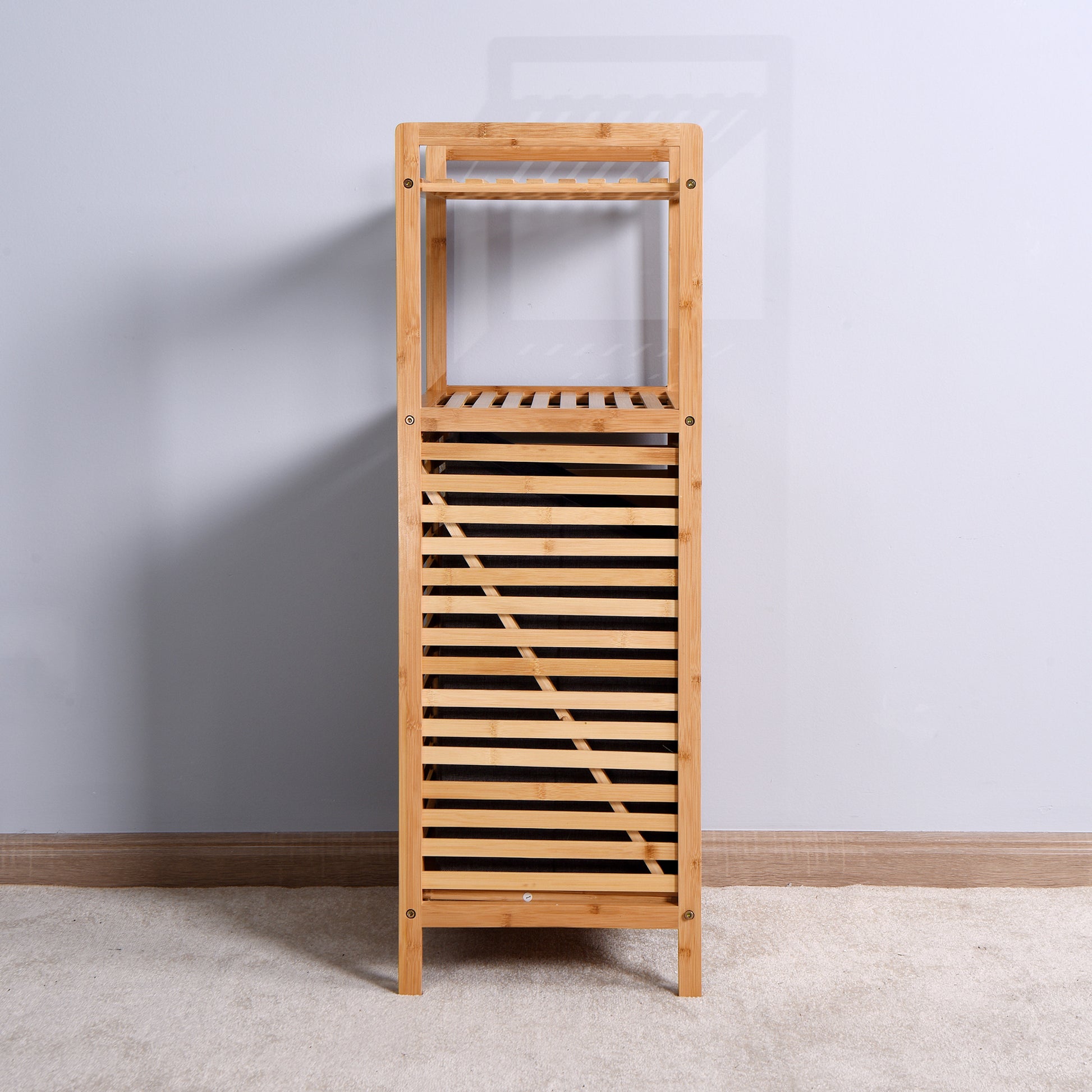 Bathroom Laundry Basket Bamboo Storage Basket With 2 Tier Shelf 17.32 X 13 X 37.8 Inch Natural Bamboo