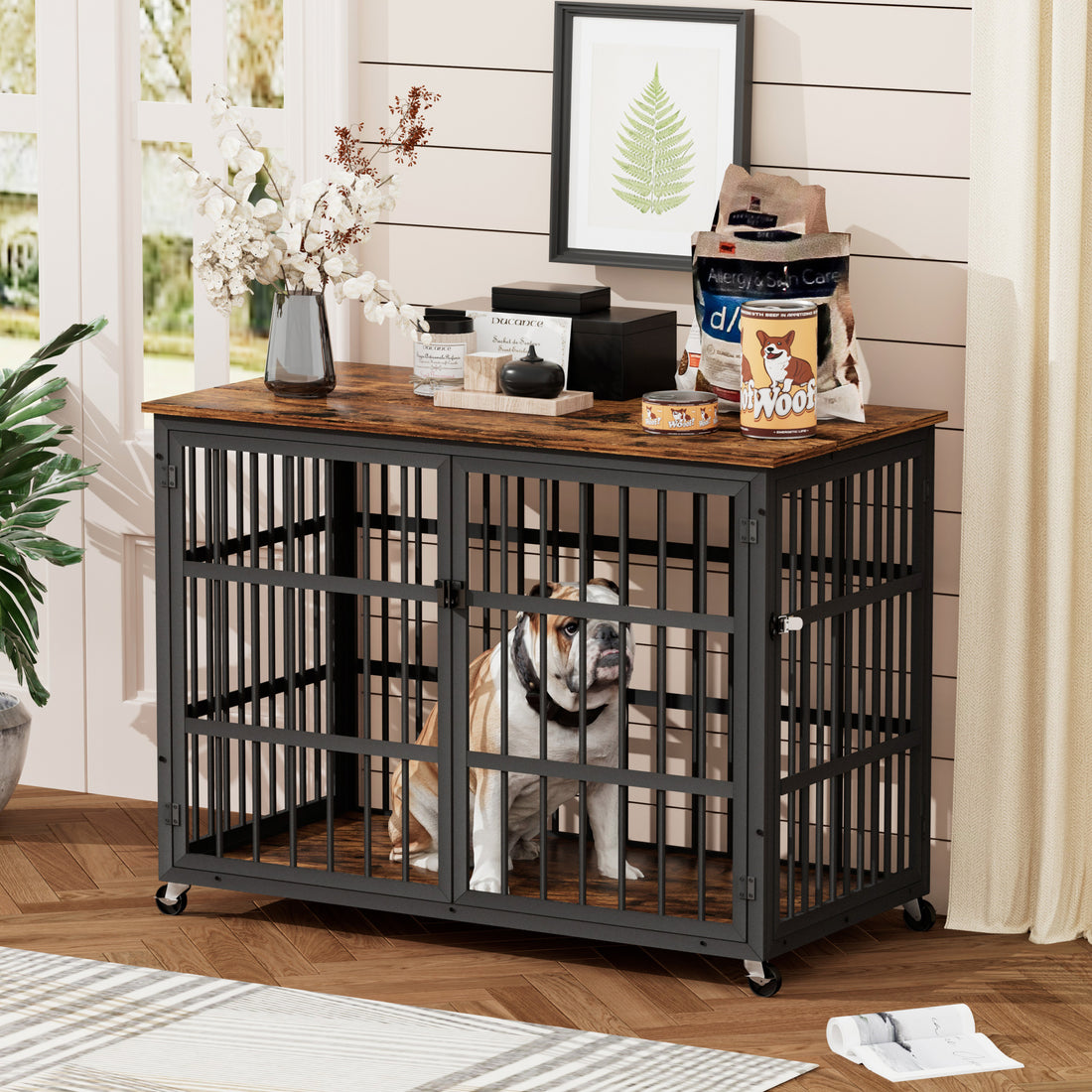 Furniture Style Dog Crate Wrought Iron Frame Door With Side Openings, Rustic Brown, 38.4''W X 27.7''D X 30.2''H. Rustic Brown Particle Board