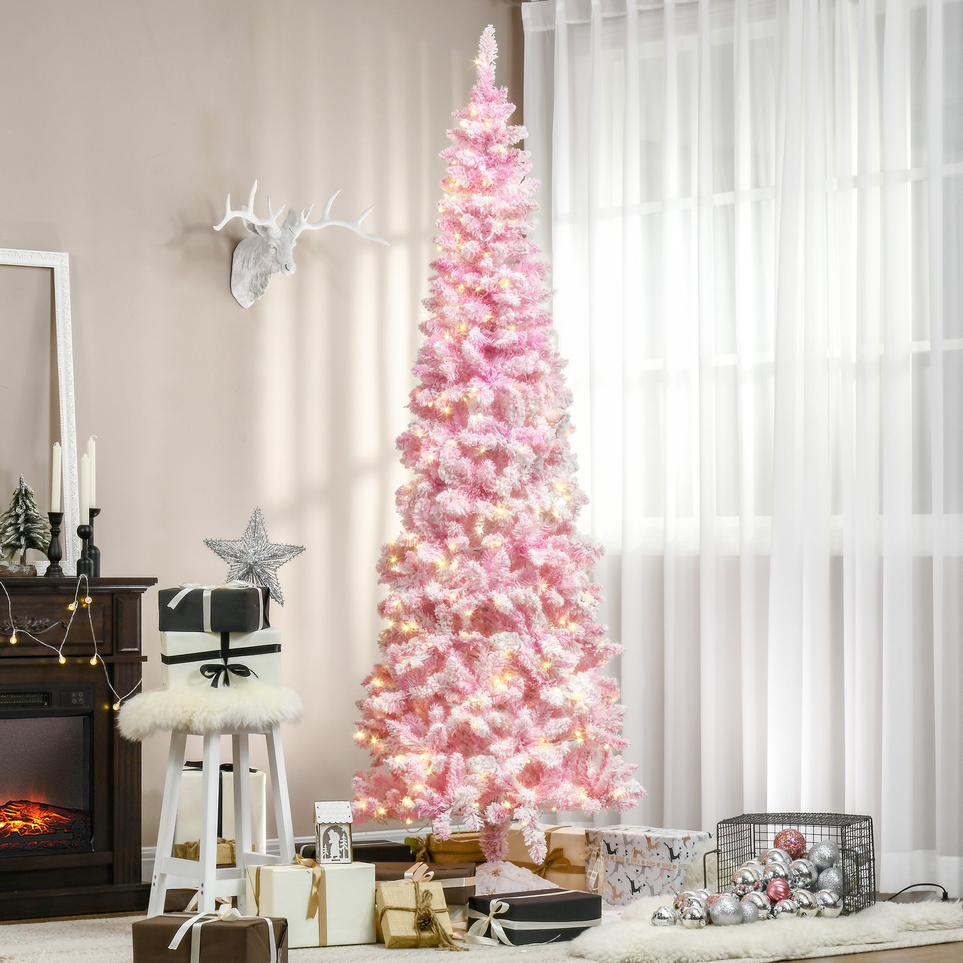 Homcom 7.5Ft Prelit Snow Flocked Artificial Christmas Tree With Pencil Shape, Pine Realistic Branches, Warm White Led Lights, Auto Open, Pink And White Pink Plastic