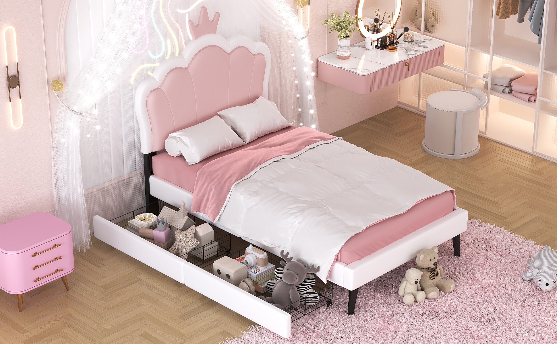 Twin Size Upholstered Princess Bed With Crown Headboard And 2 Drawers,Twin Size Platform Bed With Headboard And Footboard, Pink White Twin White Pu