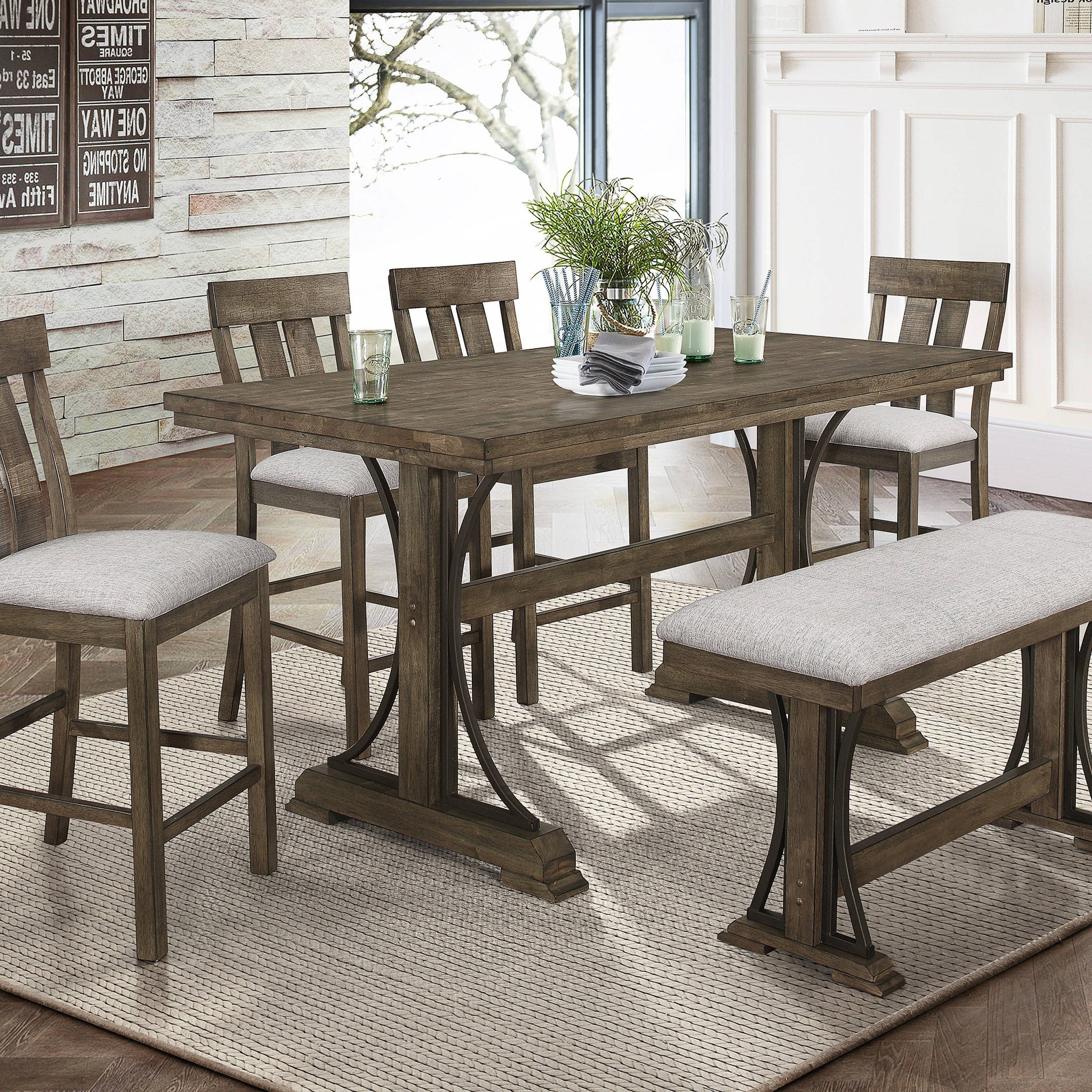 6 Piece Counter Height Dining Set Rustic Light Brown Finish Trestle Base Curved Metal Accents Upholstered Seats Wooden Dining Room Furniture Wood Wood Antique Brown Seats 6 Wood Dining Room Fixed Table Contemporary,Transitional Rectangular Trestle