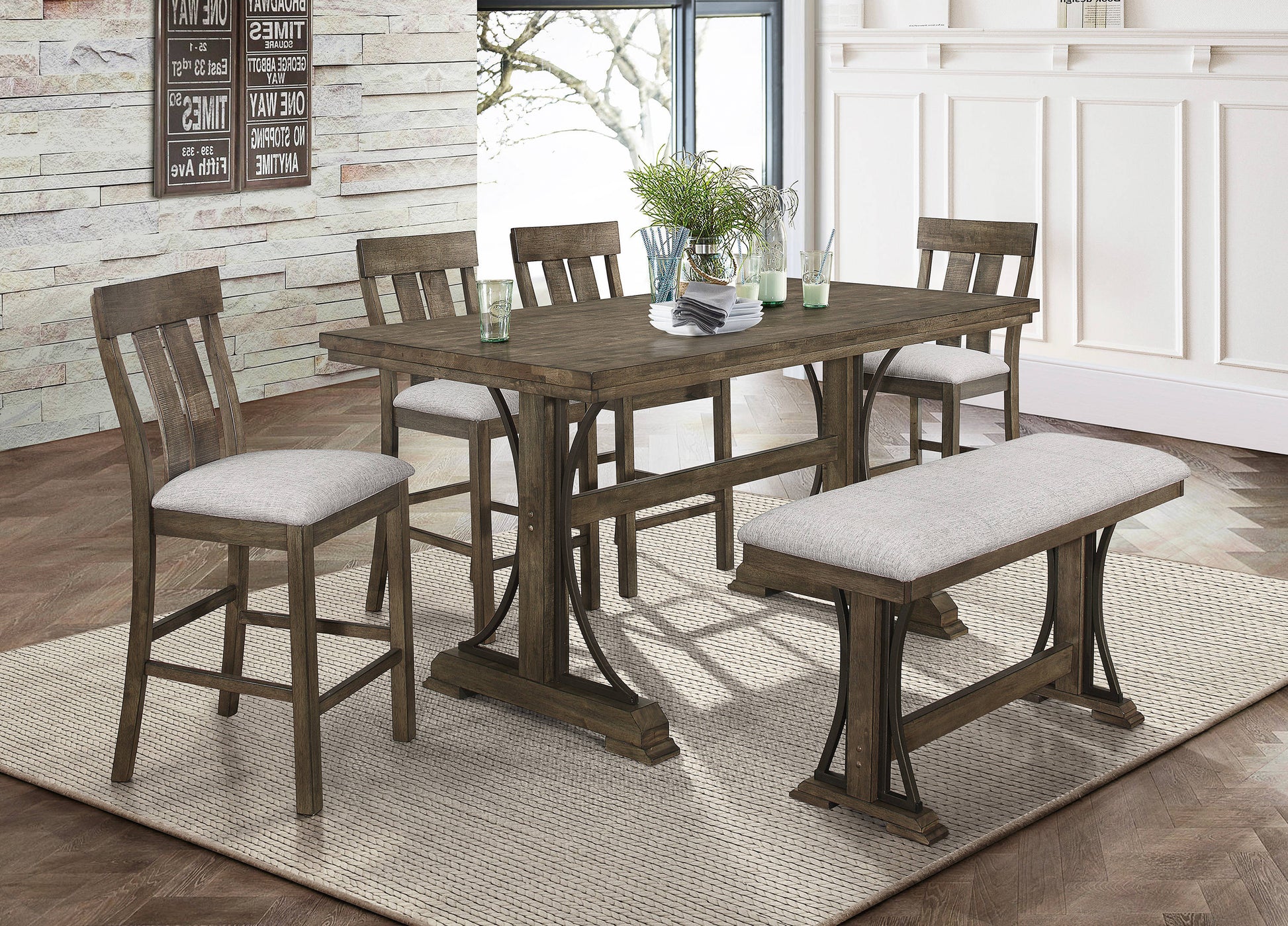 6 Piece Counter Height Dining Set Rustic Light Brown Finish Trestle Base Curved Metal Accents Upholstered Seats Wooden Dining Room Furniture Wood Wood Antique Brown Seats 6 Wood Dining Room Fixed Table Contemporary,Transitional Rectangular Trestle