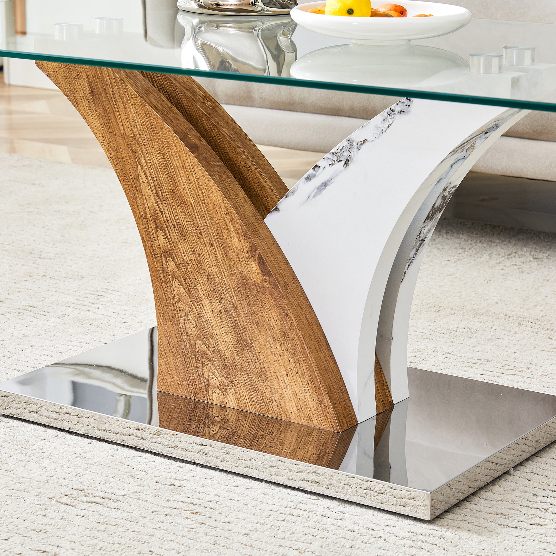 Rectangular Coffee Table.Tempered Glass Countertop, And Artistic Mdf Legs,Perfect For Hosting Dinners, Conferences, Home, And Office Decorations.White And Wood,Dining Table,Tea Table.Coffee Table.