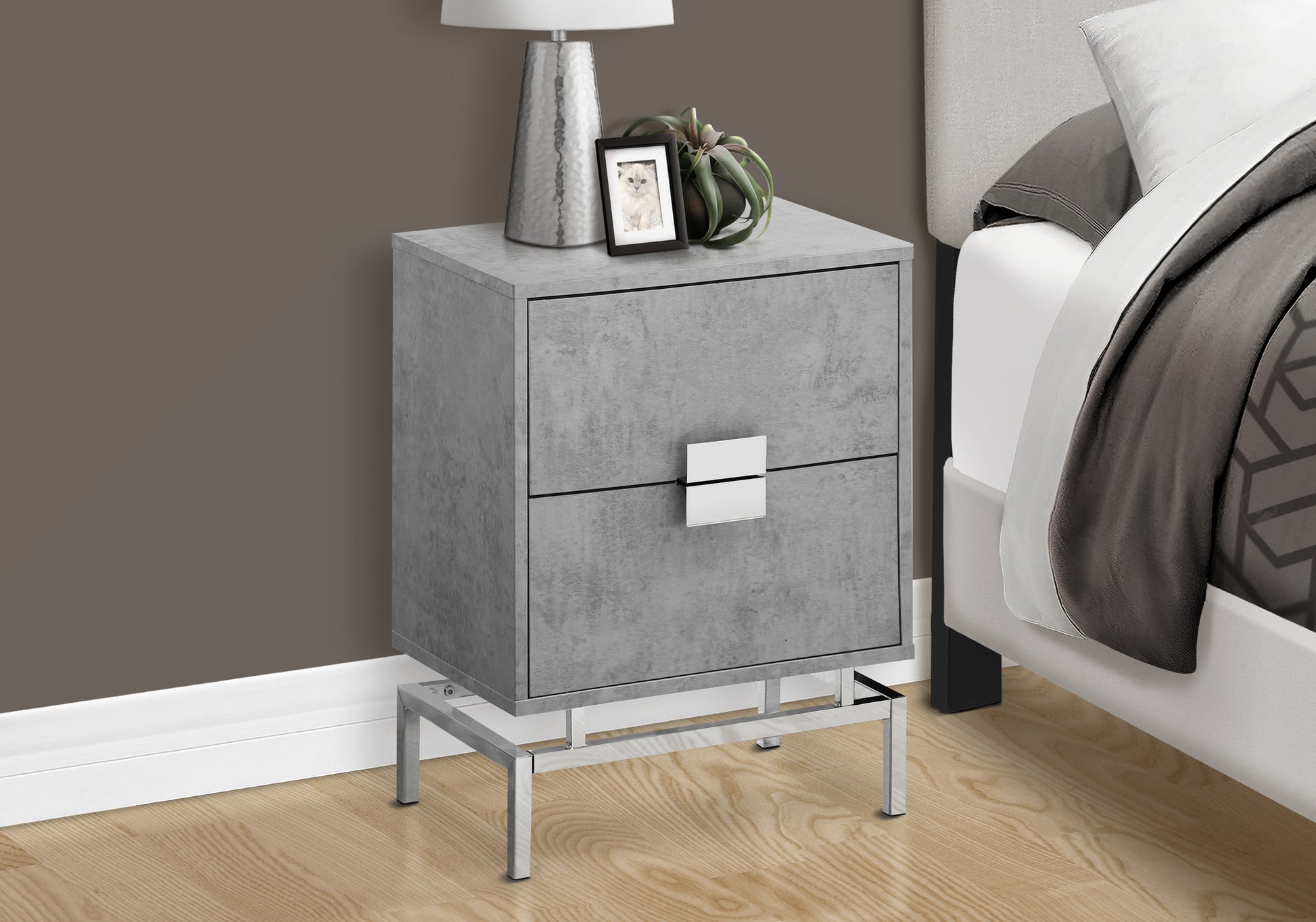 Accent Table, Side, End, Nightstand, Lamp, Storage Drawer, Living Room, Bedroom, Grey Laminate, Chrome Metal, Contemporary, Modern Grey Particle Board