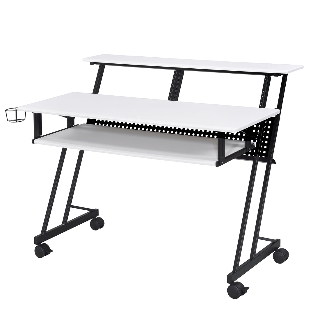 White And Black Music Recording Studio Desk With Metal Base White Black Keyboard Tray Computer Desk Office Rectangular Shelves Wood Metal