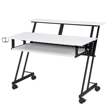 White And Black Music Recording Studio Desk With Metal Base White Black Keyboard Tray Computer Desk Office Rectangular Shelves Wood Metal