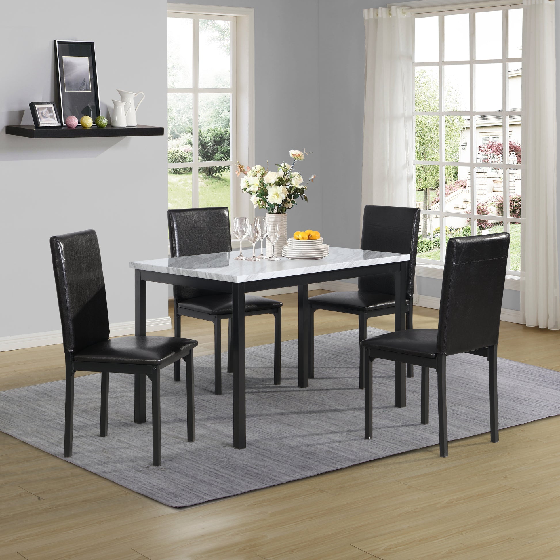Citico 5 Piece Metal Dinette Set With Laminated Off White Faux Marble Top, 4 Black Chairs Metal White Black Seats 4 Metal Dining Room Fixed Table 4 Leg Rectangular Dining Table With Chair Metal & Wood