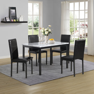 Citico 5 Piece Metal Dinette Set With Laminated Off White Faux Marble Top, 4 Black Chairs Metal White Black Seats 4 Metal Dining Room Fixed Table 4 Leg Rectangular Dining Table With Chair Metal & Wood
