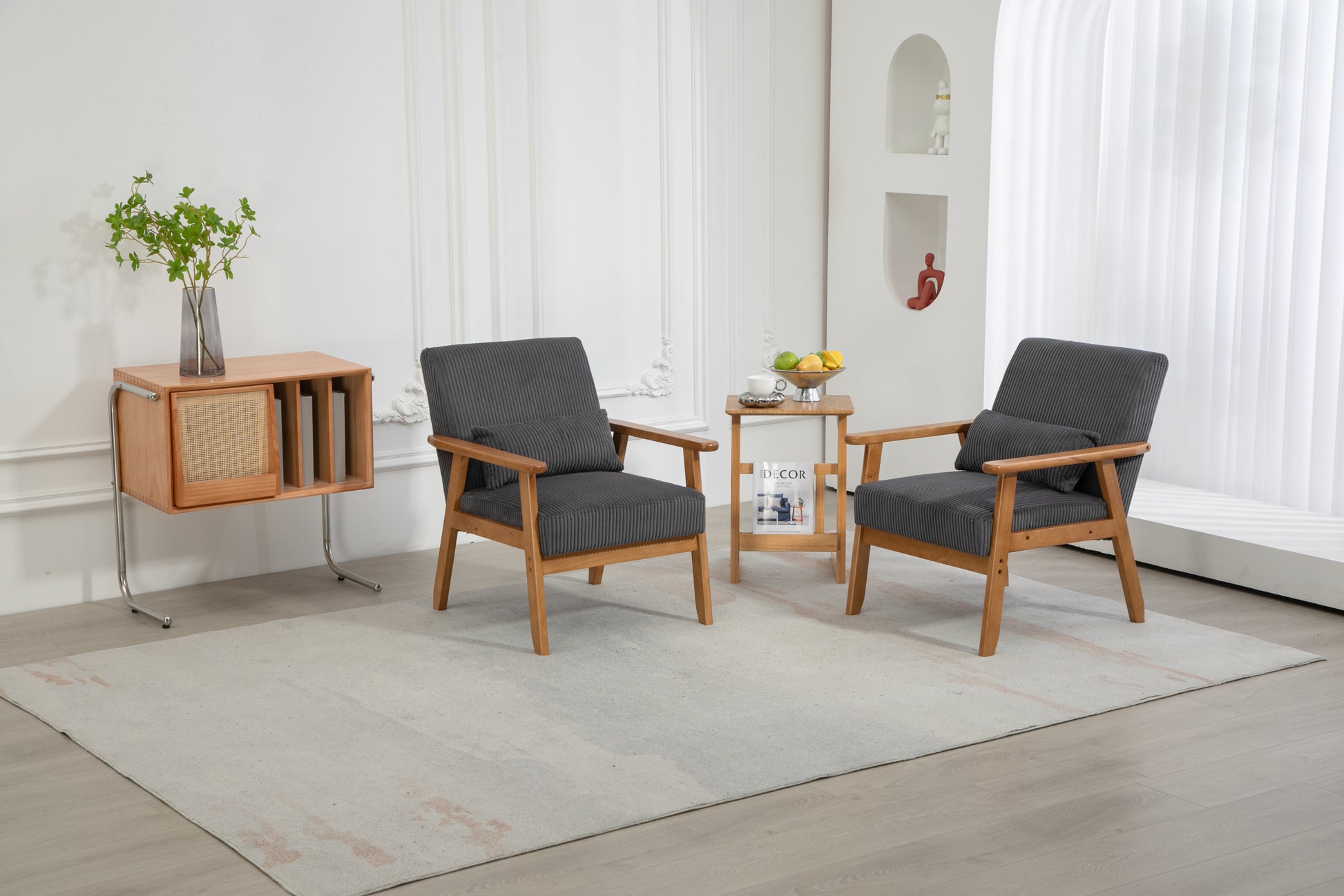 Leisure Chair With Solid Wood Armrest And Feet, Leisure Chair, Wood Frame, Velvet, L, Solid Rubber Wood Legs, Mid Century Modern Accent Chair, For Living Room Bedroom Studio Chair,Two Packs Dark Gray Corduroy