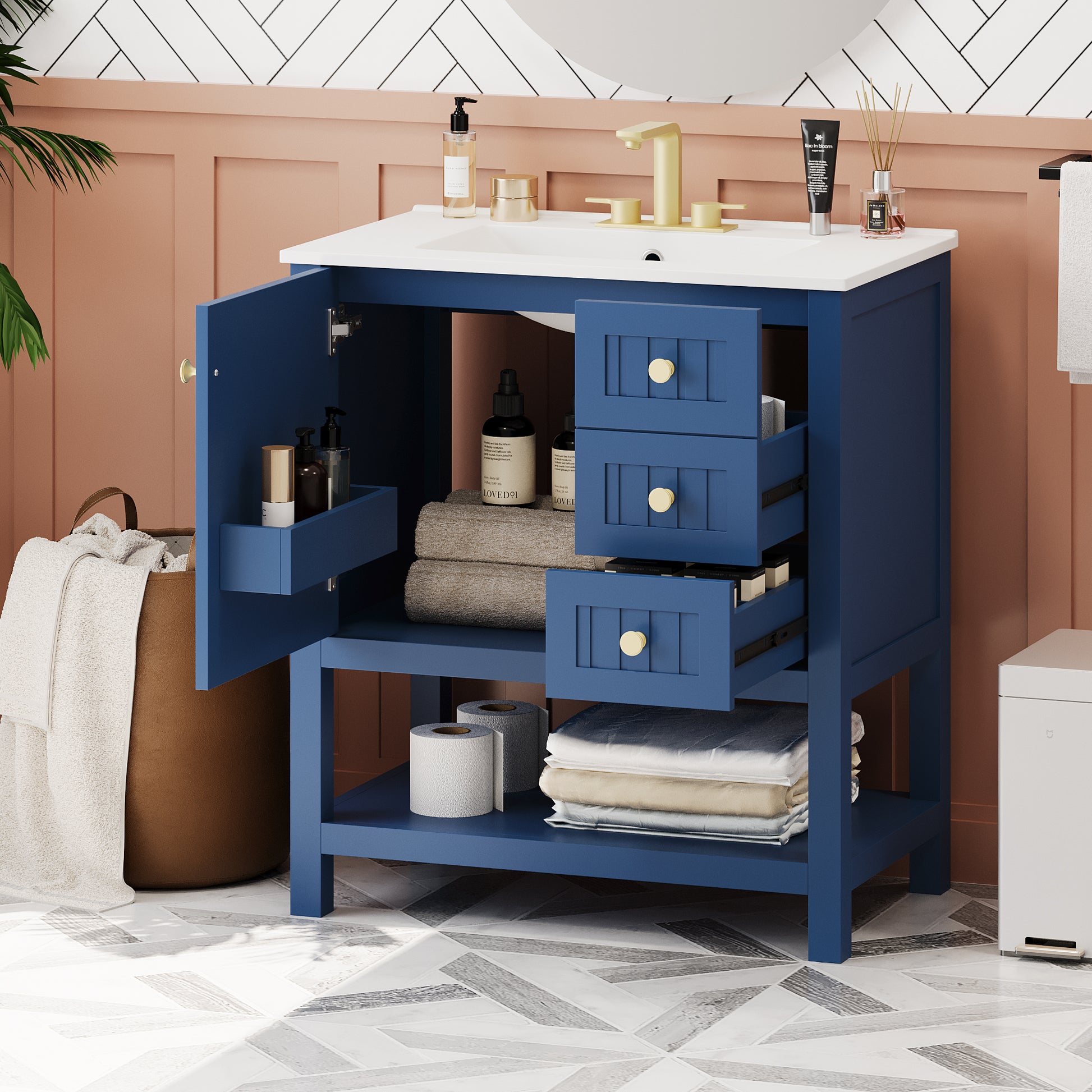 30Inch Transitional Style Bathroom Vanity Cabinet Combo With Ceramic Sink Blue Bathroom Solid Wood Mdf