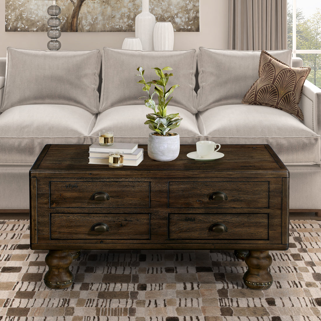 Solid Wood Rectangle Coffee Table For Living Room, 40 Inch Antique Coffee Table With 4 Drawers, Wood Center Table Tea Table With Rivet Decoration Legs.Easy Assembly, Espresso Espresso Pine