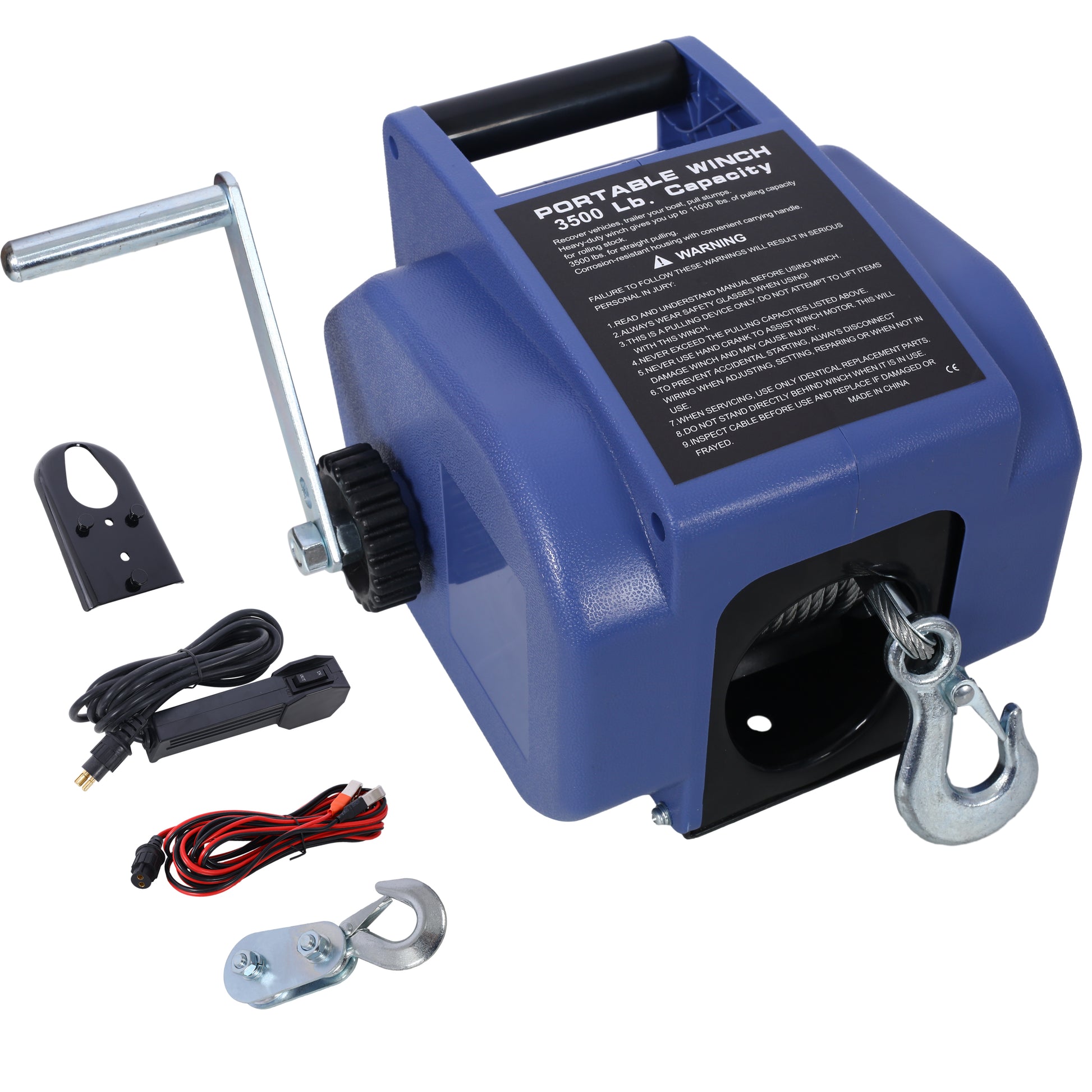12V Trailer Winch,Reversible Electric Winch, For Boats Up To 6000 Lbs.Galvanized Wire Rope,With Extra Pulley Hook,Power In And Power Out,With Manual Function.Blue Plastic Casing Blue Plastic
