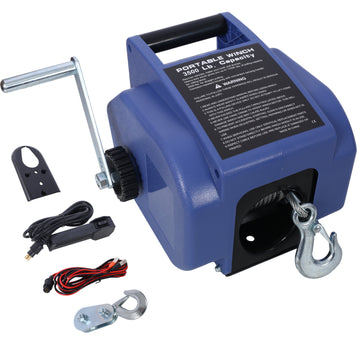 12V Trailer Winch,Reversible Electric Winch, For Boats Up To 6000 Lbs.Galvanized Wire Rope,With Extra Pulley Hook,Power In And Power Out,With Manual Function.Blue Plastic Casing Blue Plastic
