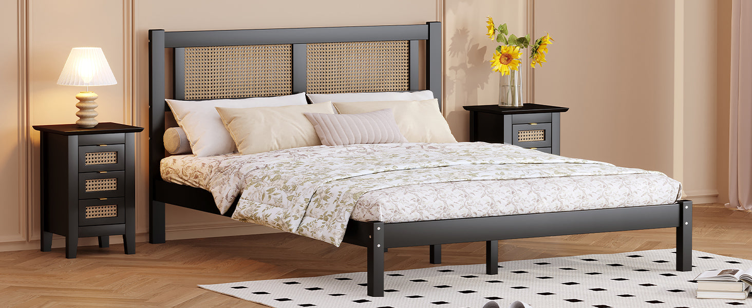 3 Pieces Bedroom Sets Full Size Wooden Platform Bed With Natural Rattan Headboard, Nightstands Set Of 2 With Rattan Woven Surfaces And Three Drawers For Bedroom, Black Black Particle Board