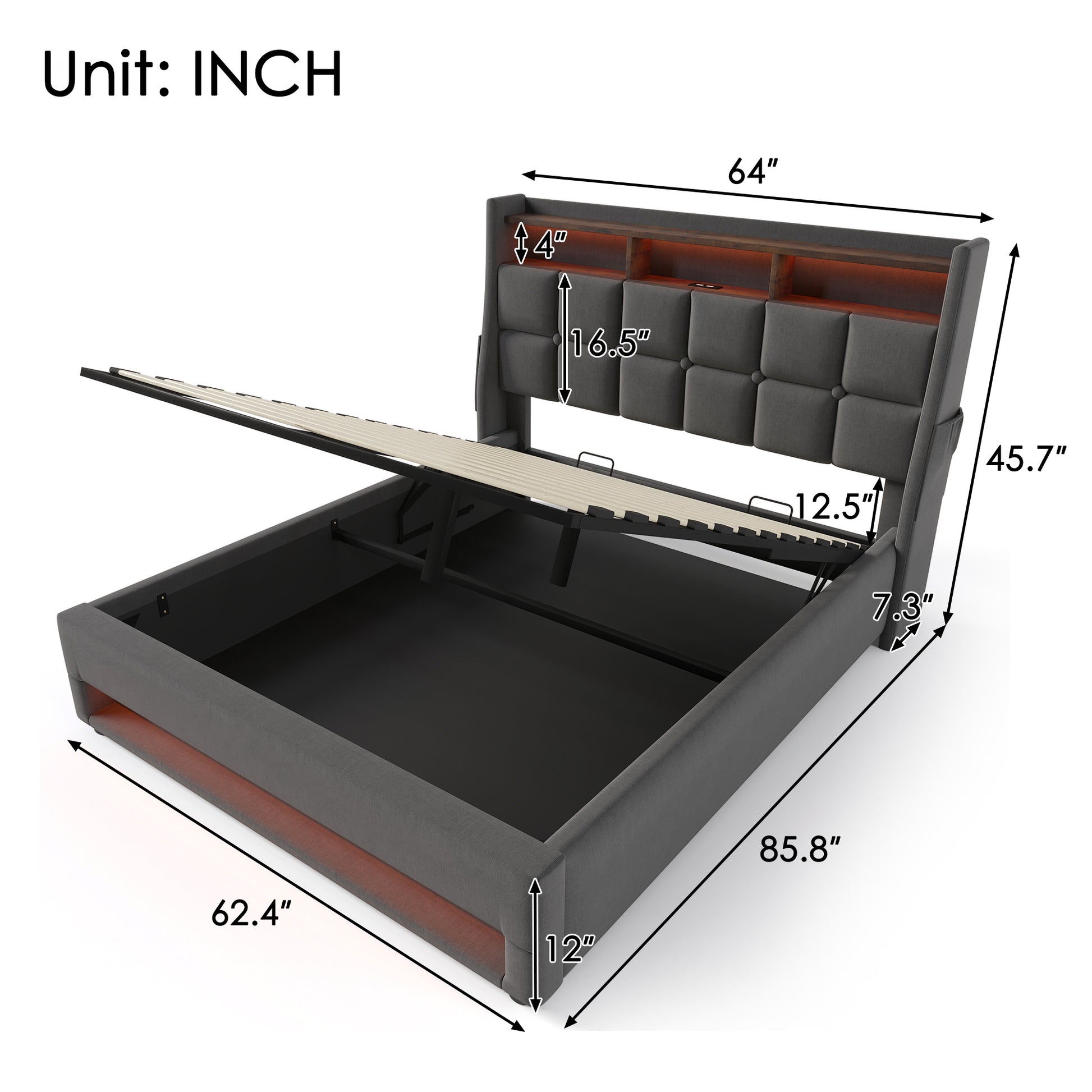 Queen Size Upholstered Platform Bed With A Hydraulic Storage System, Led And Usb Charging, Grey Without Mattress Queen Grey Metal & Wood