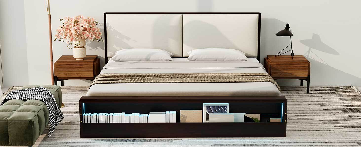 King Size Platform Bed Frame With Upholstery Headboard And Bookshelf In Footboard And Led Light Strips, Espresso King Espresso Solid Wood Mdf