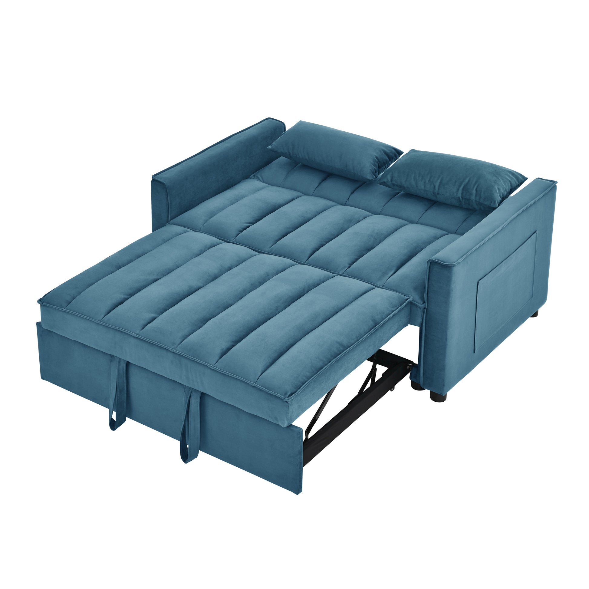 Modern Velvet Seat Sofa Couch Pull Out Bed,3 In One Convertible For Living Room Sofa Bed,Blue Blue Velvet Primary Living Space Cushion Back Medium Soft Medium Duty American Design Pillow Top Arms Foam Velvet 2 Seat